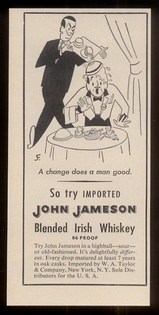 1952 restaurant waiter cartoon John Jamesons Irish whiskey vintage print ad  