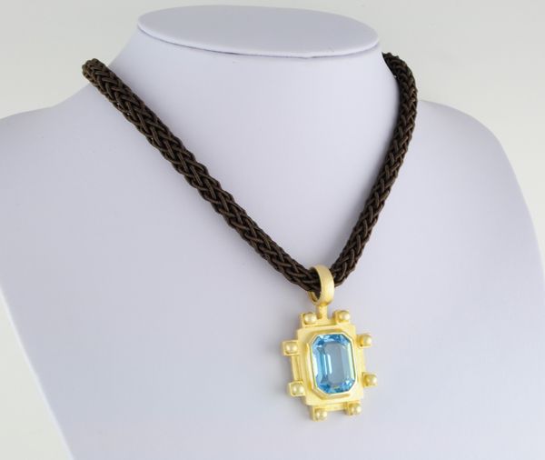 Designer J Esposito 12ct Sim Blue Topaz CZ Pendant w Brown Soft Cord  