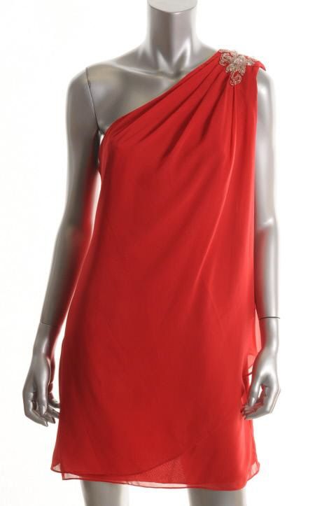 JS Boutique New Red Chiffon Embellished One Shoulder Lined Cocktail