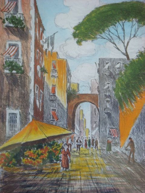 Bela Sziklay Hand Colored Etching Italian Street Scene