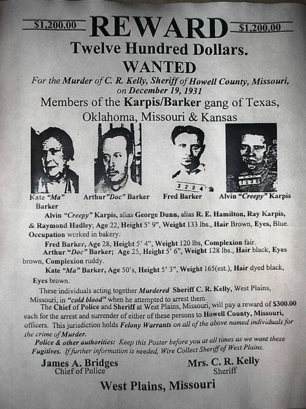 MA Barker Karpis Gang Reward Wanted FBI Reprint Poster