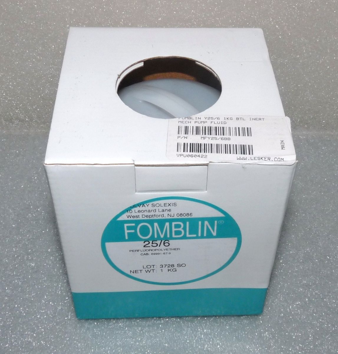  FOMBLIN 25 6 SOLVAY SOLEXIS MFY25 6BB INERT PFPE FLUID KURT J LESKER