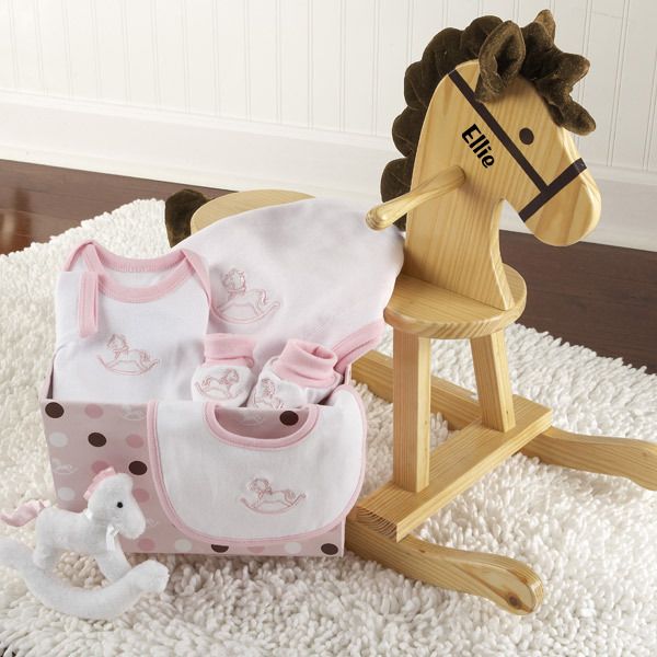 Baby Personalized Rocking Horse w/ Plush Toy & Layette Gift Set /Pink