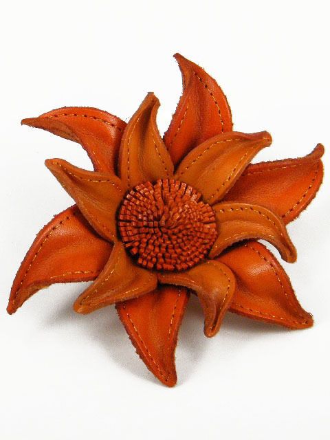 Large Leather Lewisia Flower Brooch Pin DDA4 Orange 4 1 2 In