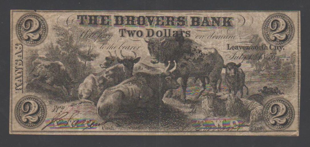 CIR 1856 Leavenworth City KS $2 2 Dollars The Drovers Bank Scan 060