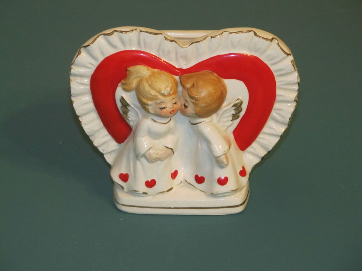 Lefton Valentine Kissing Angels Red Heart Planter Vintage Ceramic Vase On Popscreen 8872