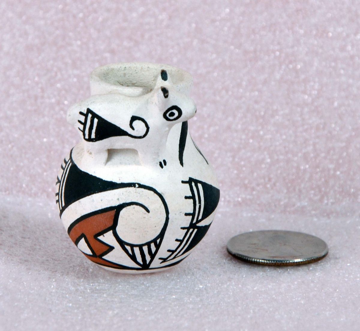 Pottery Polychrome Miniature Vase Pot with Animal by R Leno
