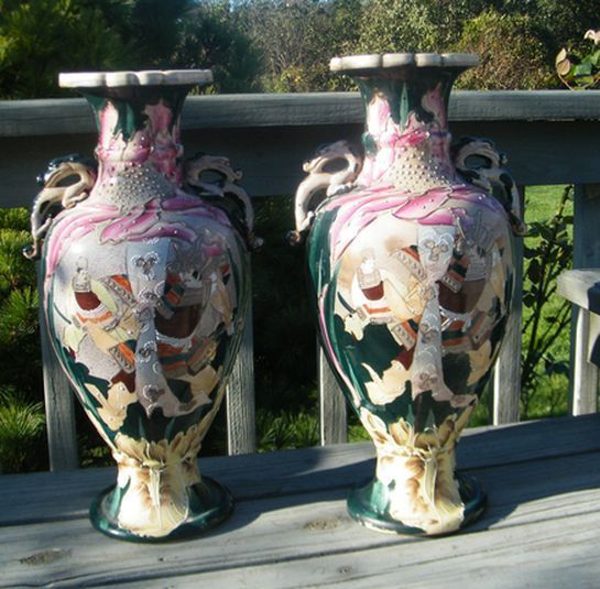 ANTIQUE c 1800 SATSUMA MORIAGE ENAMEL EXTRA TALL BALLESTER VASES