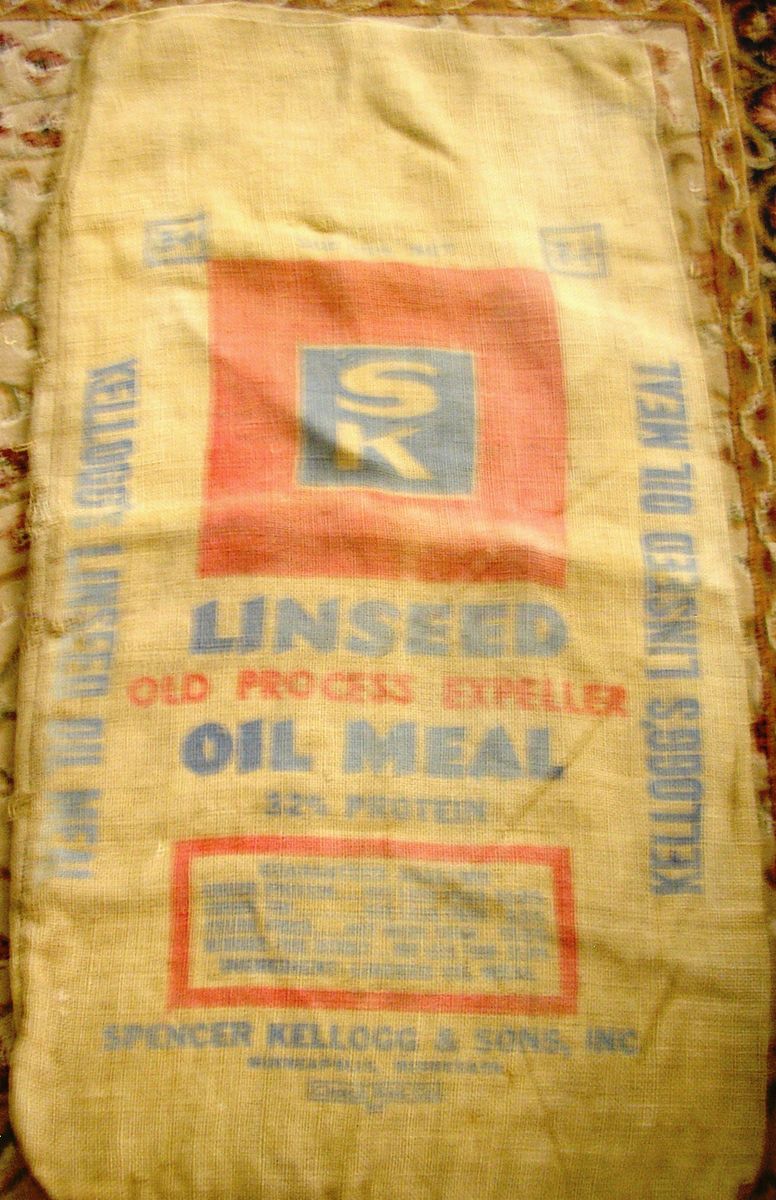 VINTAGE SPENCER KELLOGG LINSEED OIL MEAL SACK BURLAP BAG FARMER FEED