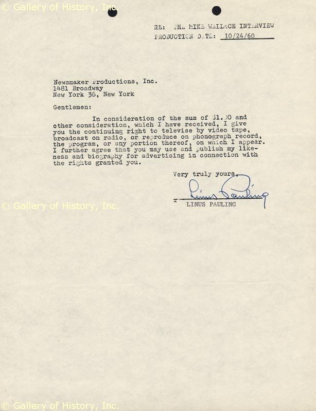 Linus C Pauling Document Signed 10 24 1960