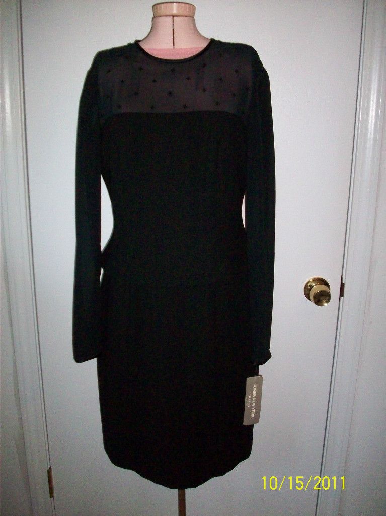 Jones New York Little Black 1 PC Dress with Beaded Sheer Top Sleeves