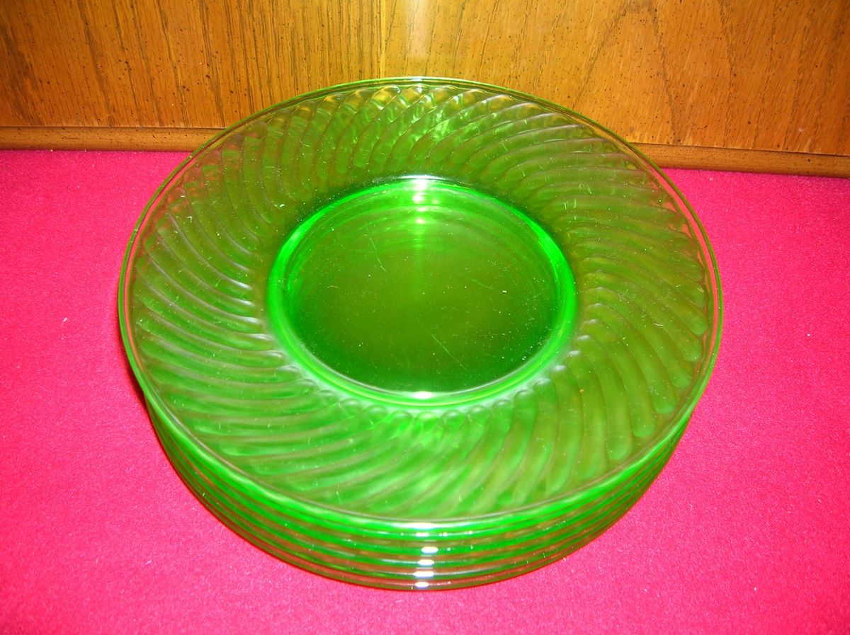 Vintage Depression Uranium Spiral Green Glass 8 Salad Plates Set of 6