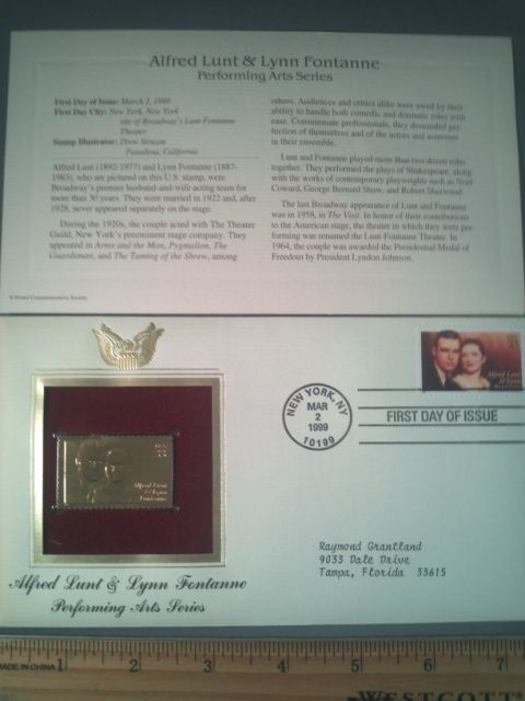 Replica w Alfred Lunt Lynn Fontanne 199 Stamped FDC Envelope