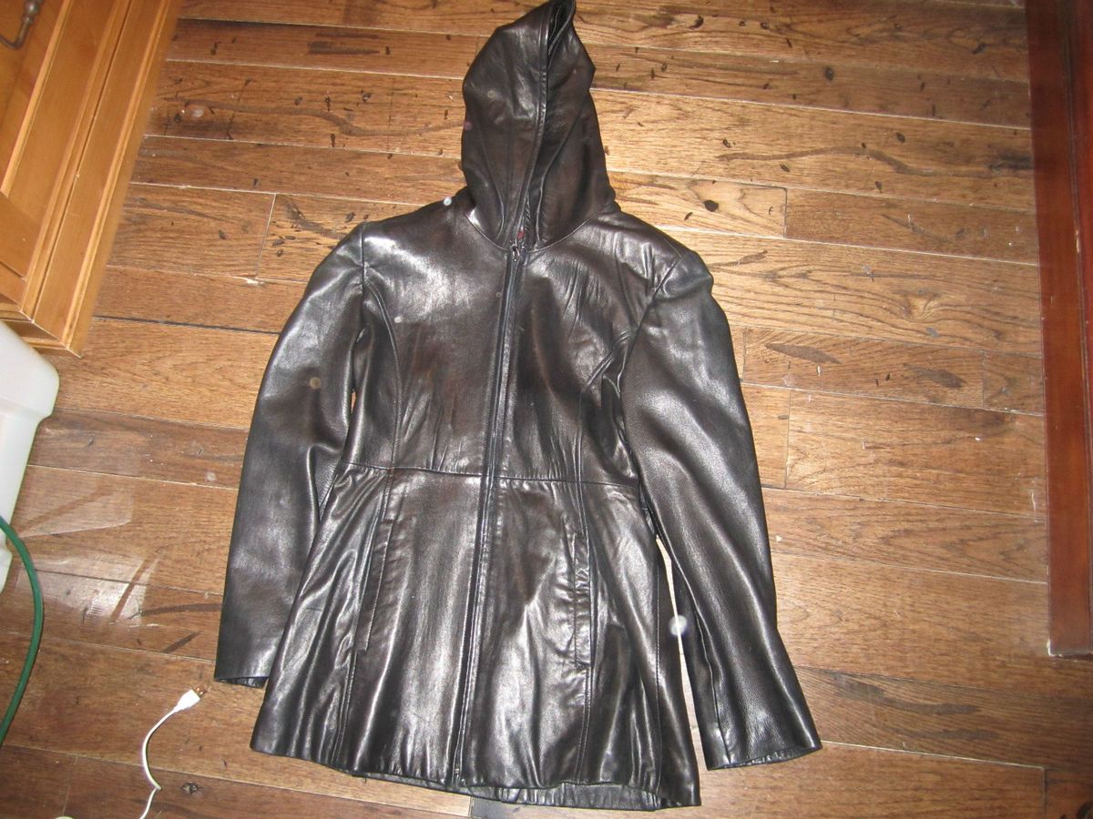 Andrew Marc Leather Coat Jacket Womens s Small Black Hood Zipper