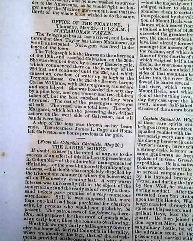 Mexican War Matamoras Charleston SC 1846 Old Newspaper