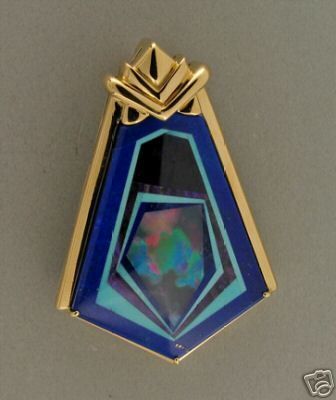 ESTATE MULTI STONE18K GOLD MEDVEDEV INTARSIA LAPIS PIN PENDANT