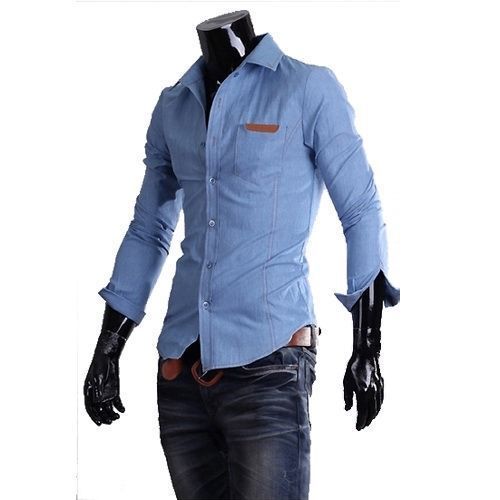 Mens Jeans Shirt Slim Fit Casual Sexy Cotton Dress Long Sleeve 2