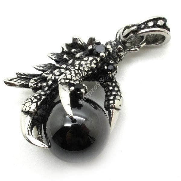 Mens Eagle Dragon Claw Ruby Black Crystal Bead Pendant Necklace