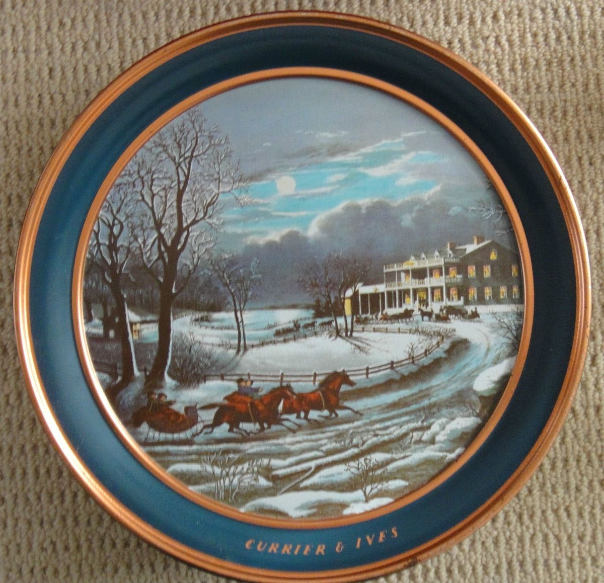 Vintage Large Currier Ives Metal Cookie Tin Christmas Scene