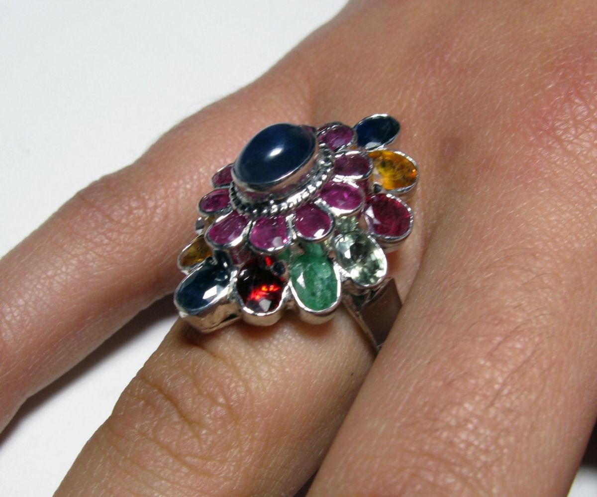 MAGNIFICIENT Estate 6CTW Genuine Sapphire Emerald & Ruby Sterling Ring