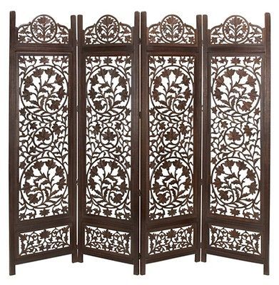 Benzara 14276 Malibu Wood Room Divider 4 Panel Hand Carved Screen