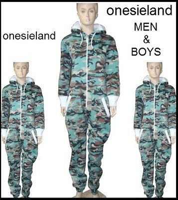 NEW BOYS   MENS ALL IN ONE HOODY CAMO ONESIE JUMPSUIT PYJAMA PLAYSUIT