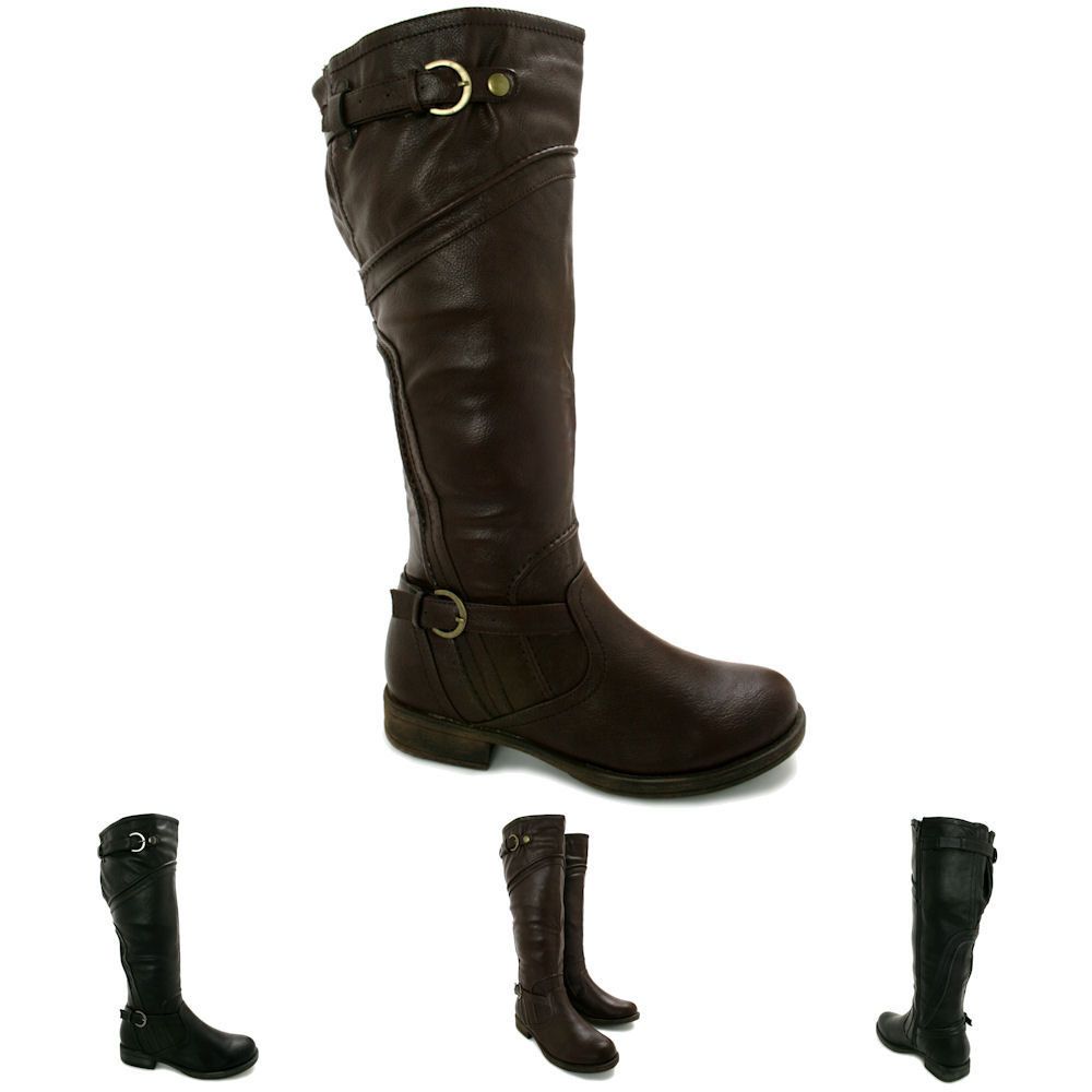 NEW WOMENS BLOCK HEEL BUCKLE KNEE HIGH WIDE CALF BIKER BOOTS SIZE