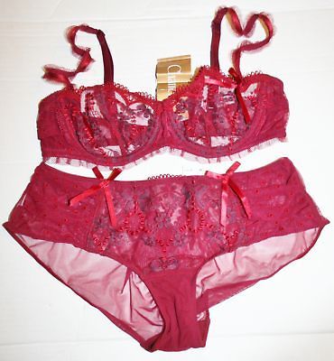 CHANTELLE WINE LACE BRA MESH PANTY SZ 34B S NWT