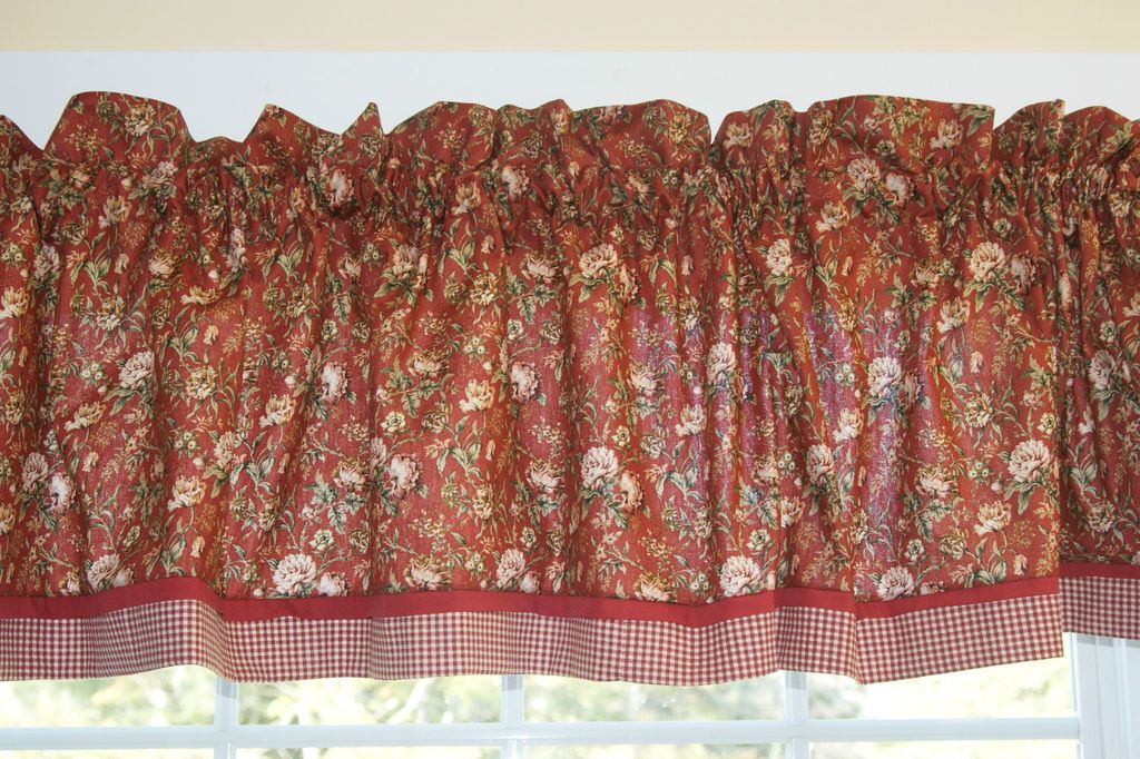 Burnt Orange Red Green Floral Toile Valance 17 X 81 Drapery Weight