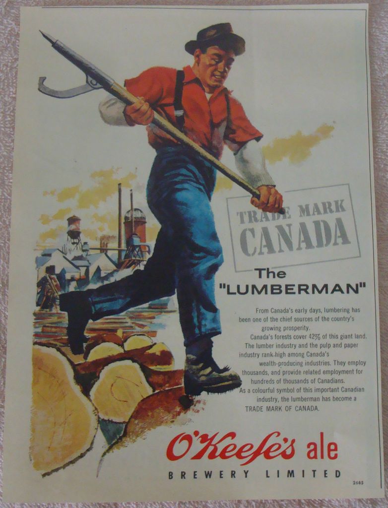 1956 CANADA OKEEFES ALE BEER AD LUMBERJACK RIVER DRIVE PEEVEE LOG