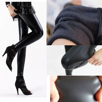 Womens Super Thick Leather Warm Shiny Blacks Tight Leggings Pants Faux