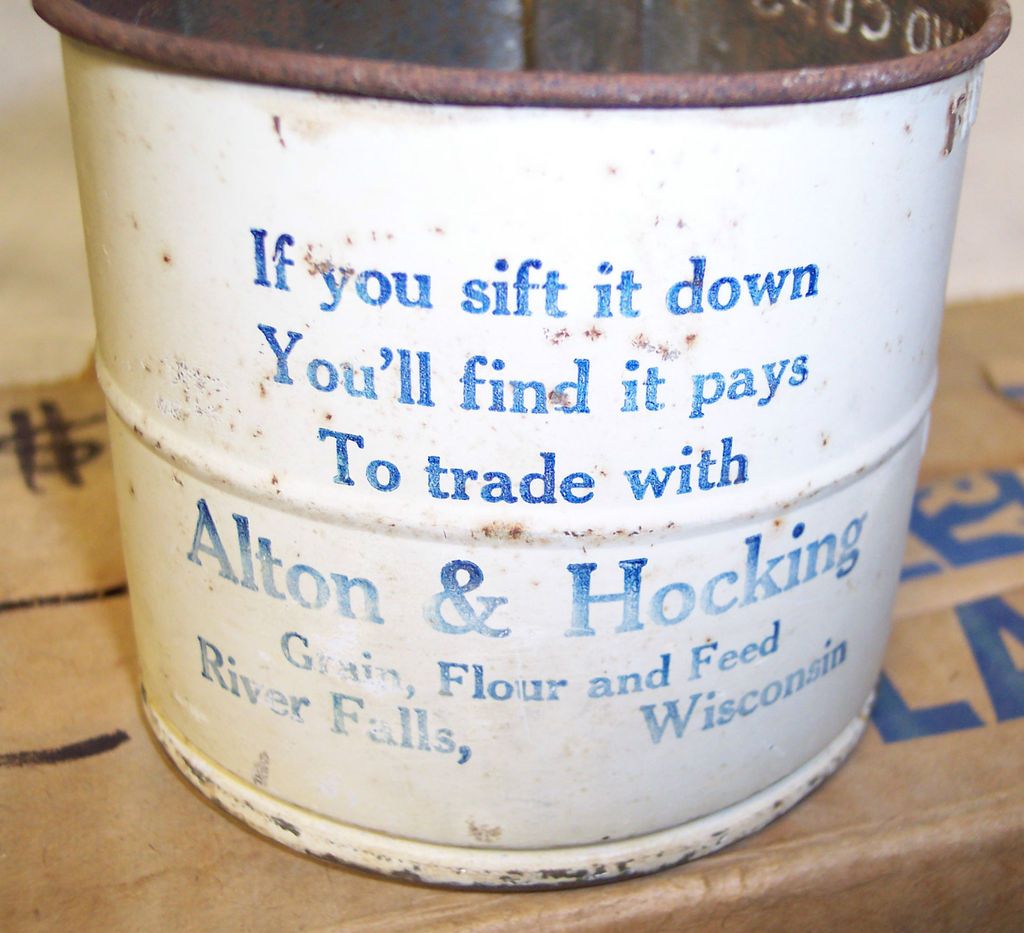Vintage Primitive advertising Hand Sifter Alton & Hocking River Falls