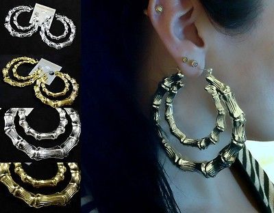 HUGE double bamboo effect creole hoop earrings, gold or silver tone