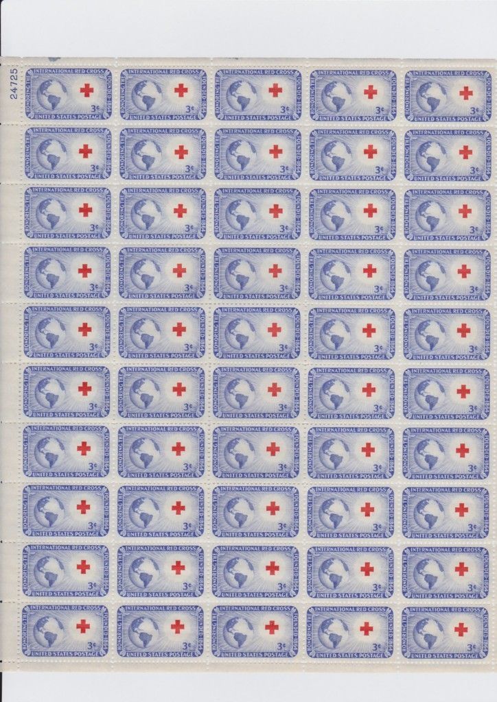 VINTAGE INTERNATIONAL RED CROSS 3 CENT USA STAMPS POSTAGES SHEET OF