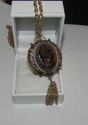 Vintage Amber Glass Cameo Gold Filigree Pendant Tassels Watch Lucerne