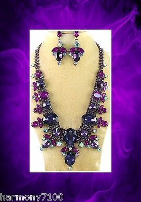 Dragnificent AB Purple Crystal Necklace Earring Set Bridal Drag Queen