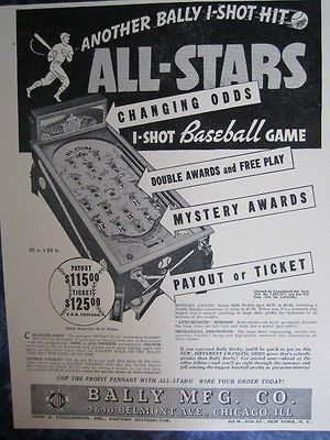 Vintage 1936 Amusement Park Ballys Arcade 1 Shot Hit Baseball Pin Ball