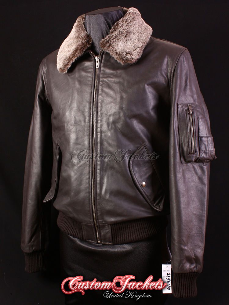 Mens B52 BOMBER Brown Harrington Fur Collar Skipper Leather Flight