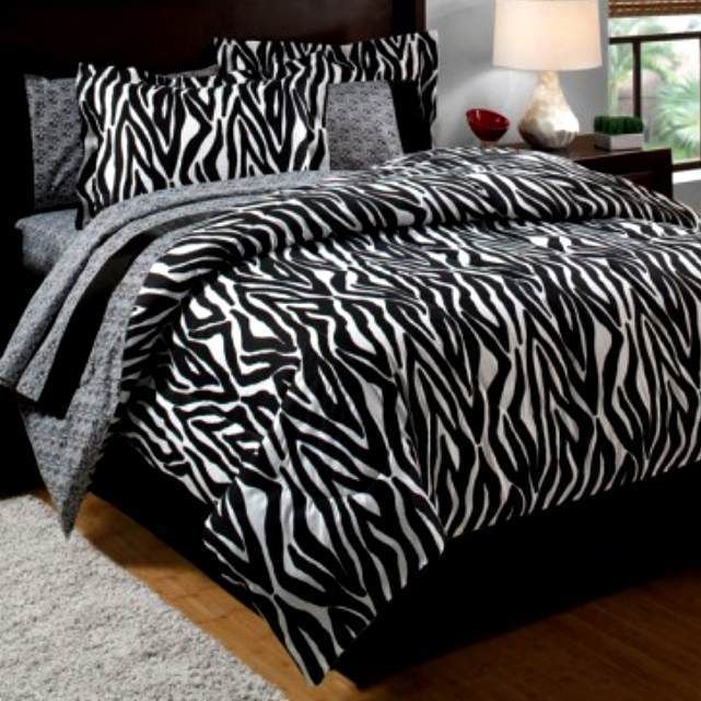 ZEBRA PRINT BLACK WHITE QUEEN COMFORTER SHEETS SHAMS BEDSKRT 8PC