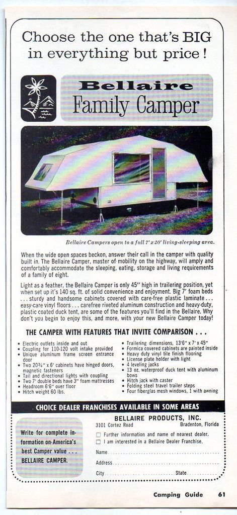 1965 Vintage Ad Bellaire Tent Camper Trailers Camping Bradenton,FL
