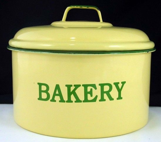 Enamel Cream & Green Trim, Vintage Style Bakery Bin & Lid New