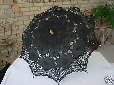 TEA LADIES GOTHIC STEAMPUNK WIDOW BLACK BATTENBURG LACE PARASOL SASS