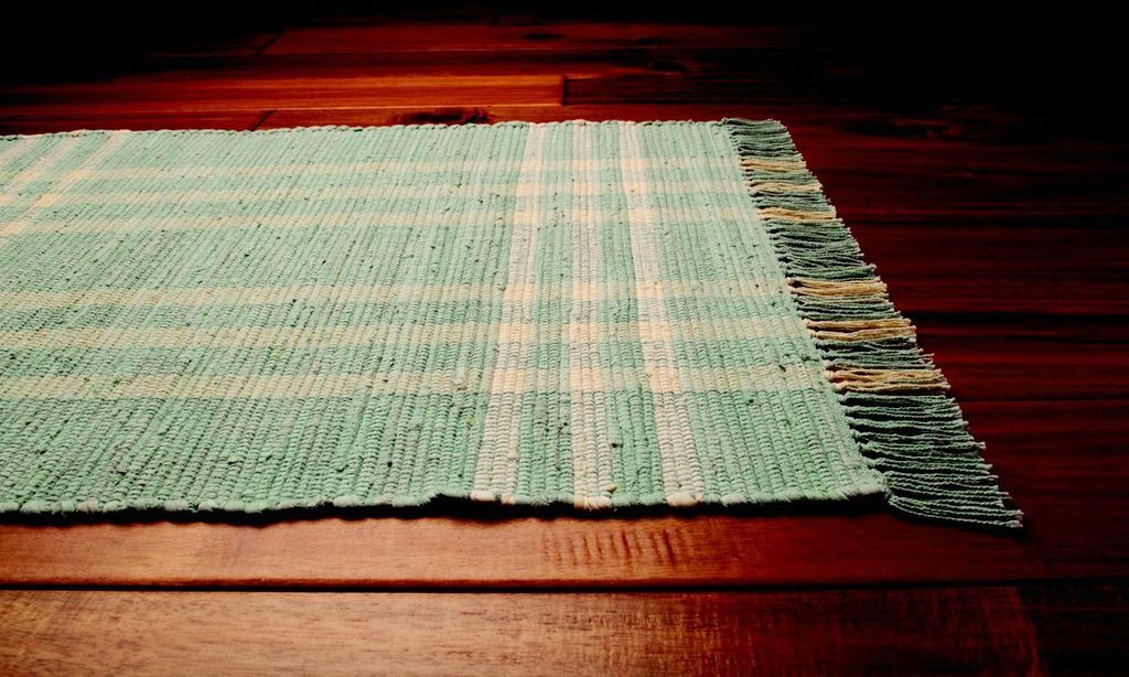 Homespice Cotton Lt. Blue Ivory Beach House Woven Fringed Rag Rug