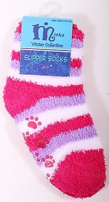 CHILDREN FUZZY SLIPPER SOCKS PINK PURPLE WHITE STRIPES ANTI SKID PAW