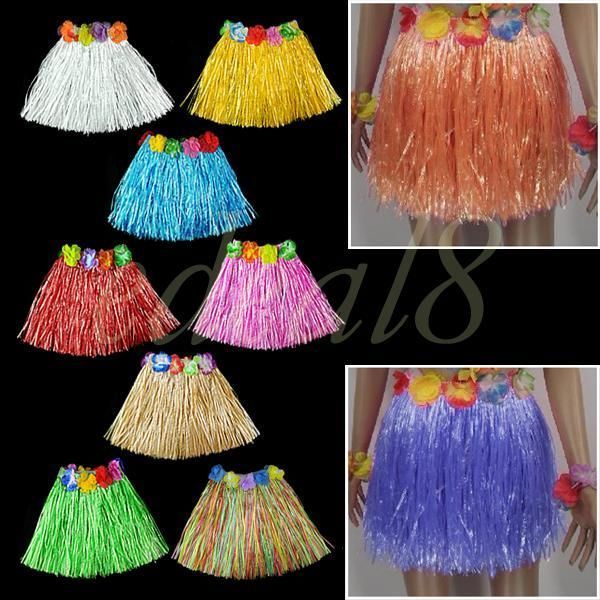 Artificial Grass Luau Skirt With Flowers For Luau Party Beach Party