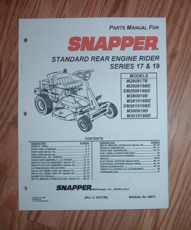 SNAPPER REAR ENG. MOWER SERIES 17 & 19 PART LIST 06073