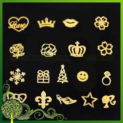 3D 100pcs Multi Shapes Golden Foil Metal Slice Crown Nail Art Tips