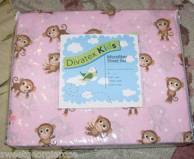 DIVATEX Full Sheet Set JUNGLE MONKEYS & POLKA DOTS PINK BROWN Animals