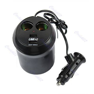 Car Cigarette Lighter Dual USB Charger Socket Cup Holder Adapter Power