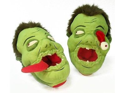 ZOMBIE MEN WOMAN GREEN SCARY MONSTER AFOOT PLUSH SLIPPERS